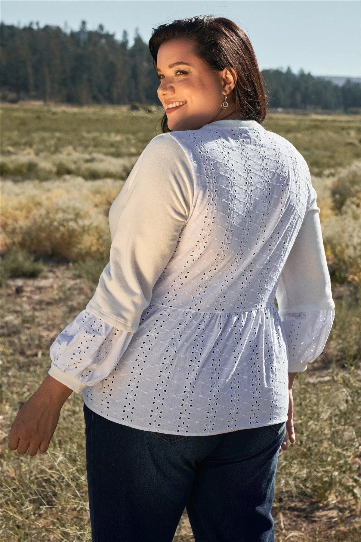 White Combo Balloon Sleeve Eyelet Embroidered Back Flare Hem Detail Top /3-2-1 - Tasha Apparel Wholesale