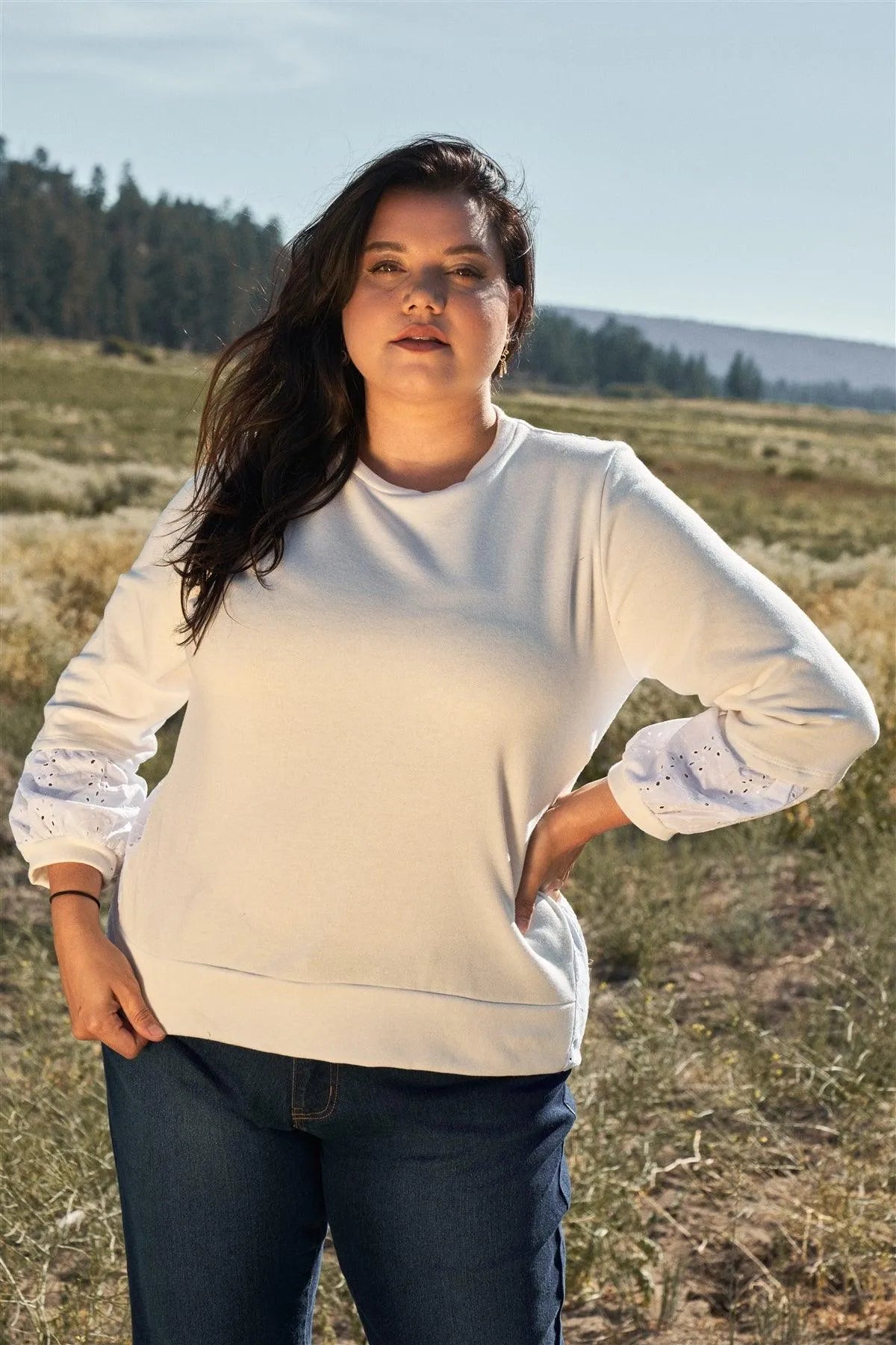 White Combo Balloon Sleeve Eyelet Embroidered Back Flare Hem Detail Top /3-2-1 - Tasha Apparel Wholesale