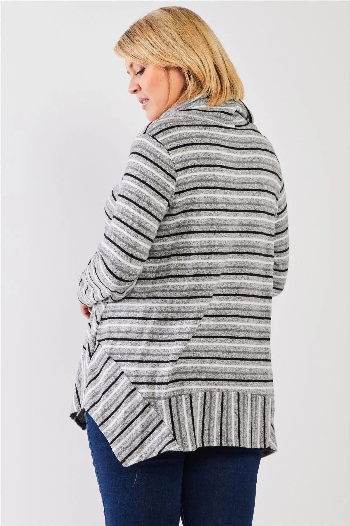 Junior Plus Multi Striped Cowl Turtleneck Relaxed Tunic Sweater Top /3-2-1 - Tasha Apparel Wholesale