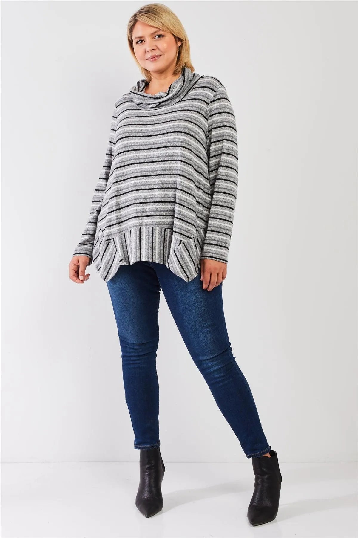 Junior Plus Multi Striped Cowl Turtleneck Relaxed Tunic Sweater Top /3-2-1 - Tasha Apparel Wholesale