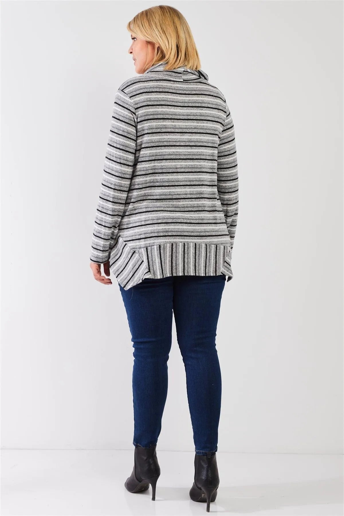 Junior Plus Multi Striped Cowl Turtleneck Relaxed Tunic Sweater Top /3-2-1 - Tasha Apparel Wholesale