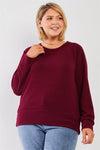 Junior Plus Wine Red Ribbed Round Neck Long Balloon Sleeve Button Trim Top /3-2-1 - Tasha Apparel Wholesale