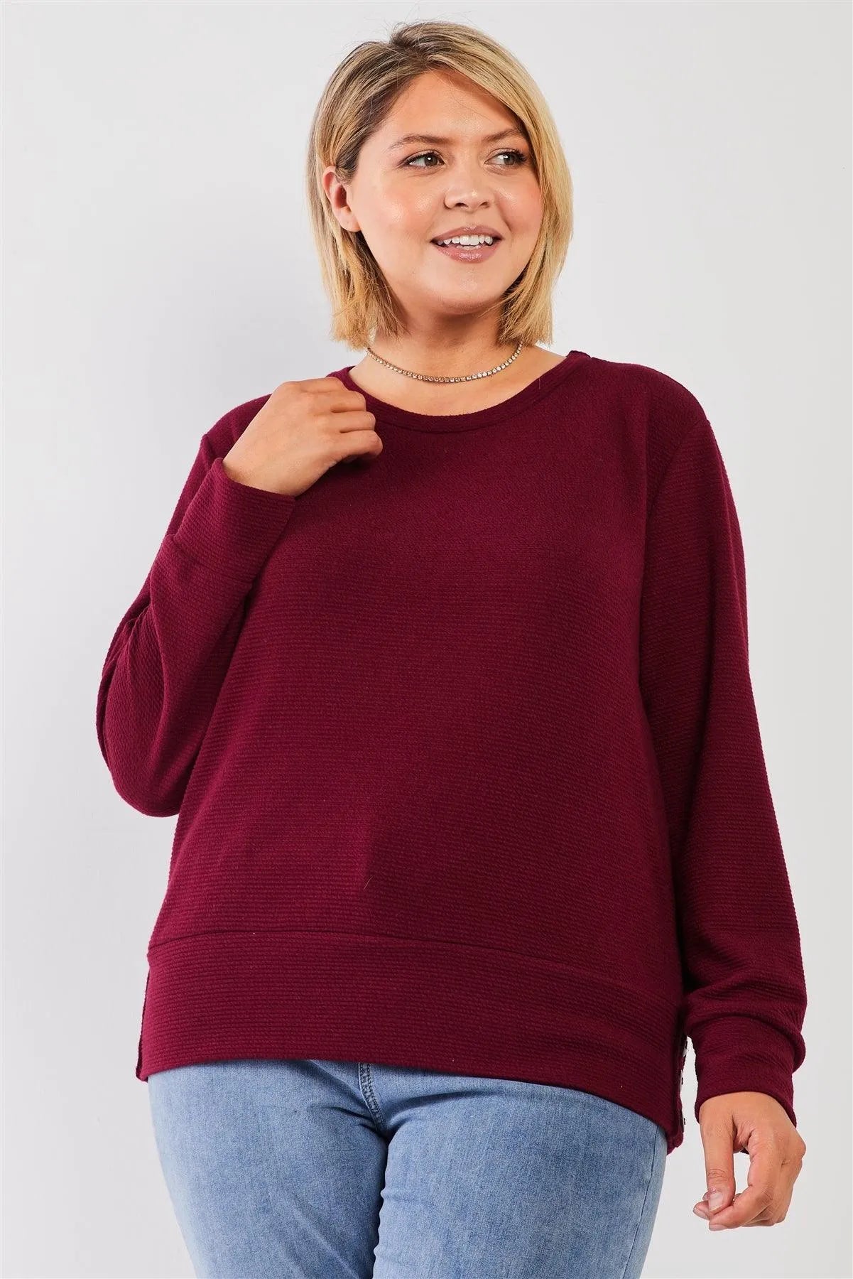 Junior Plus Wine Red Ribbed Round Neck Long Balloon Sleeve Button Trim Top /3-2-1 - Tasha Apparel Wholesale