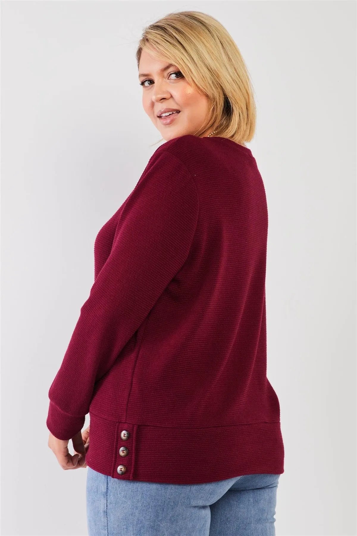 Junior Plus Wine Red Ribbed Round Neck Long Balloon Sleeve Button Trim Top /3-2-1 - Tasha Apparel Wholesale