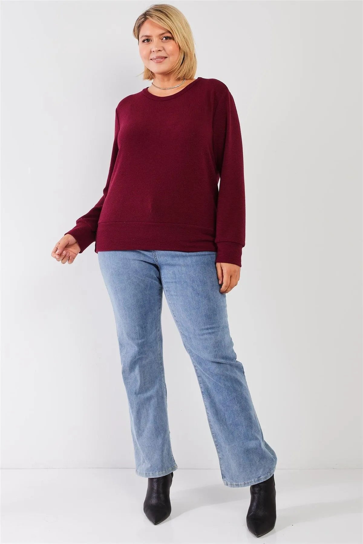 Junior Plus Wine Red Ribbed Round Neck Long Balloon Sleeve Button Trim Top /3-2-1 - Tasha Apparel Wholesale