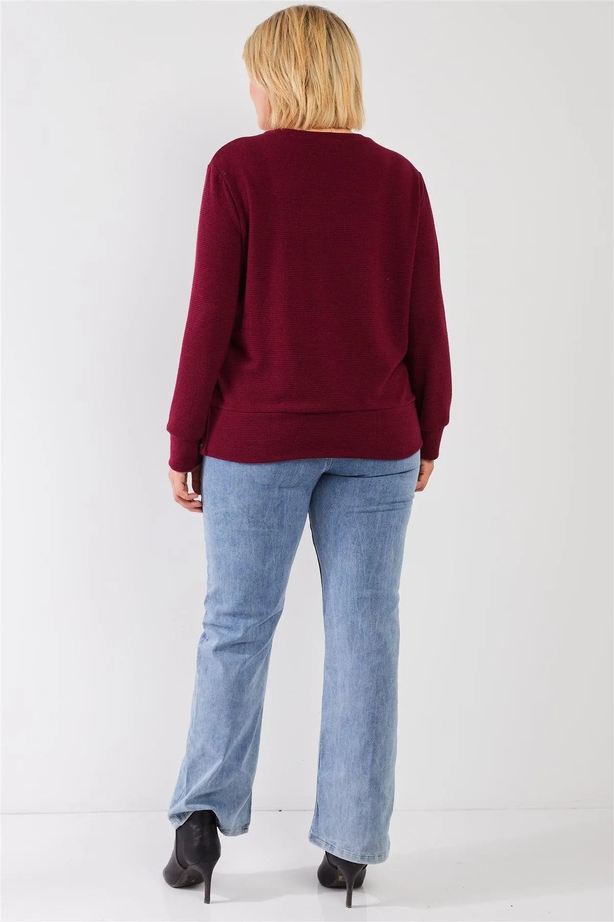 Junior Plus Wine Red Ribbed Round Neck Long Balloon Sleeve Button Trim Top /3-2-1 - Tasha Apparel Wholesale