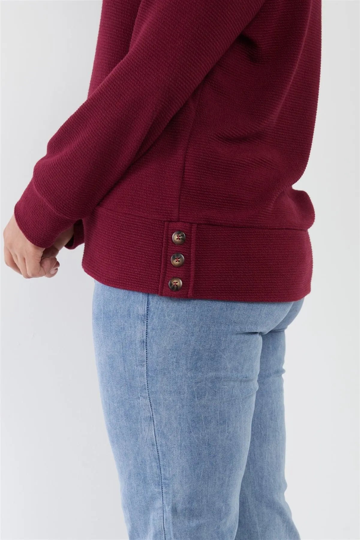 Junior Plus Wine Red Ribbed Round Neck Long Balloon Sleeve Button Trim Top /3-2-1 - Tasha Apparel Wholesale