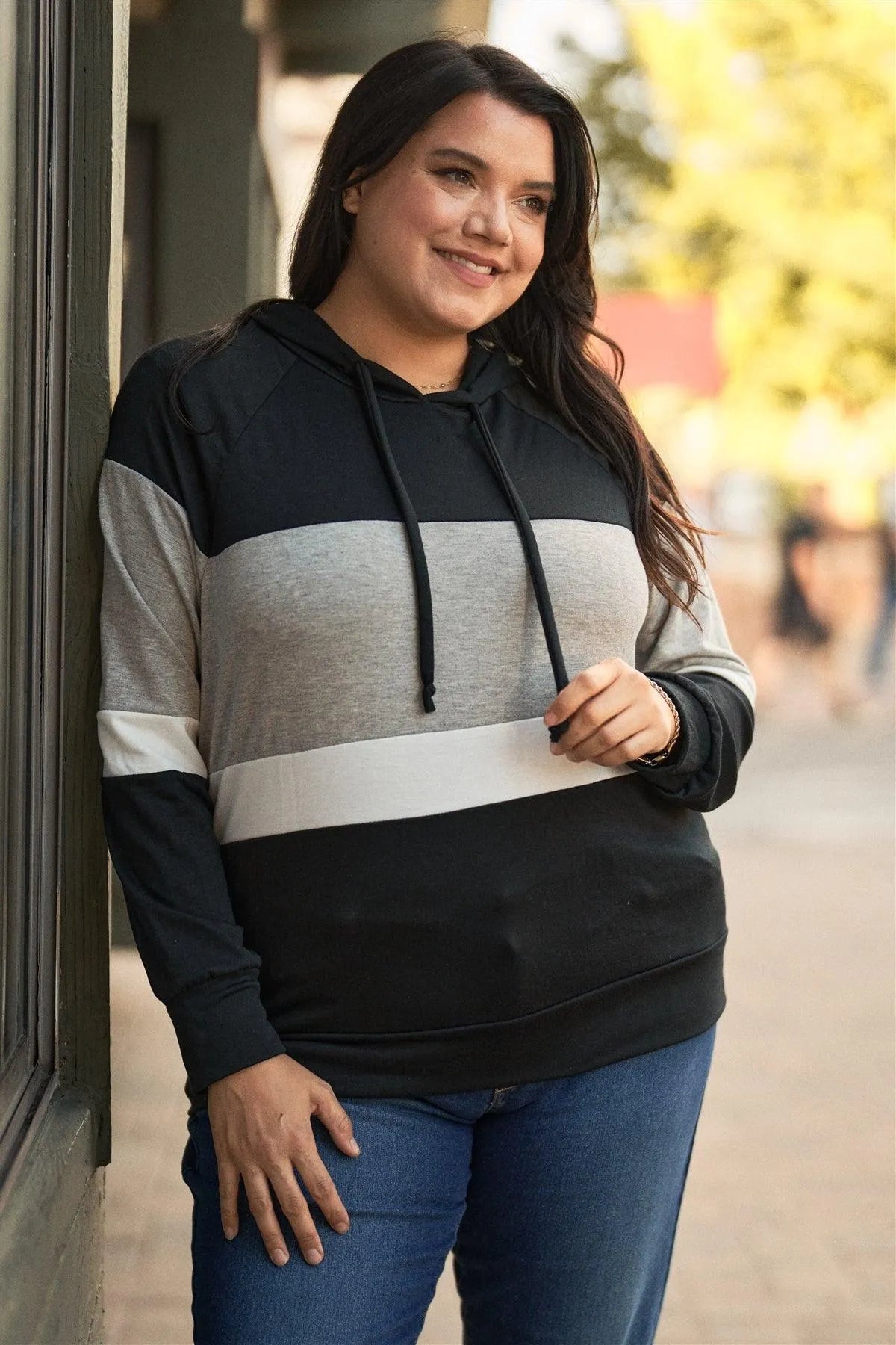 Junior Plus Black & Grey Color Block Long Sleeve Self-Tie Hood Lounge Sweatshirt /3-2-1 - Tasha Apparel Wholesale