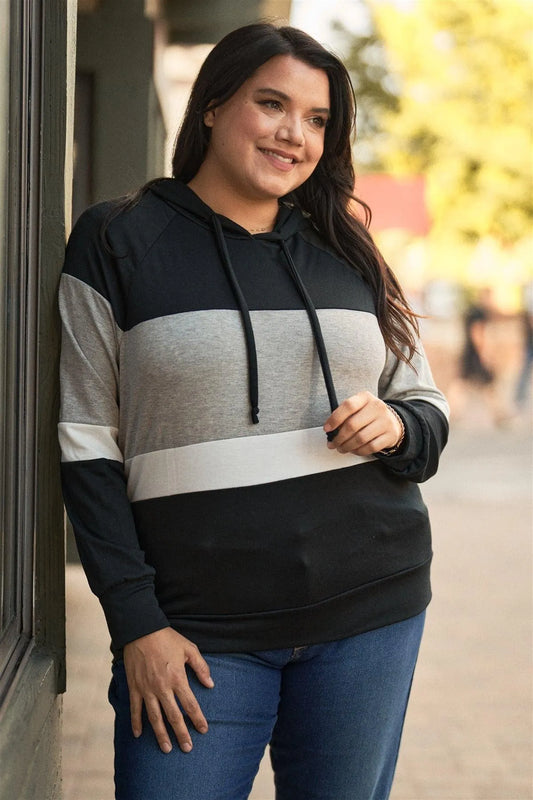 Junior Plus Black & Grey Color Block Long Sleeve Self-Tie Hood Lounge Sweatshirt /3-2-1 - Tasha Apparel Wholesale
