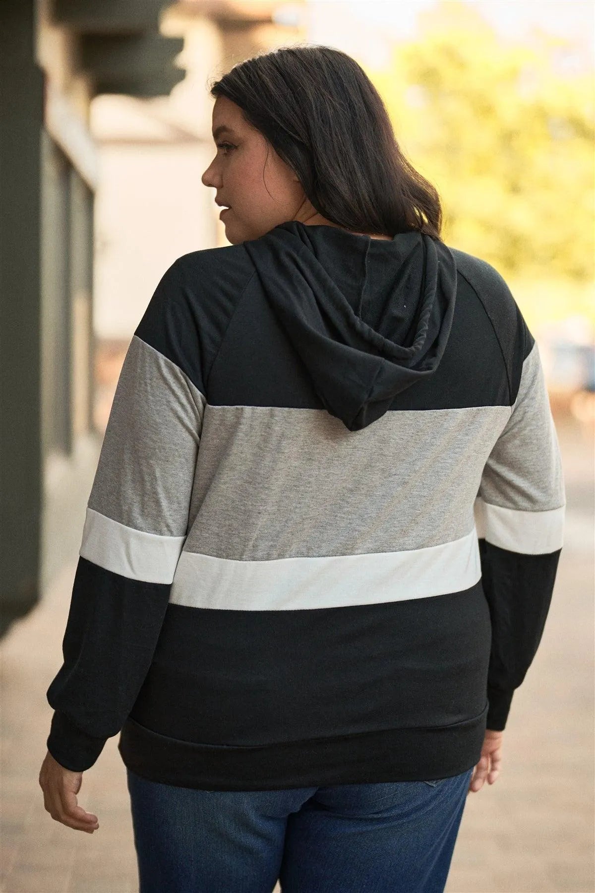 Junior Plus Black & Grey Color Block Long Sleeve Self-Tie Hood Lounge Sweatshirt /3-2-1 - Tasha Apparel Wholesale