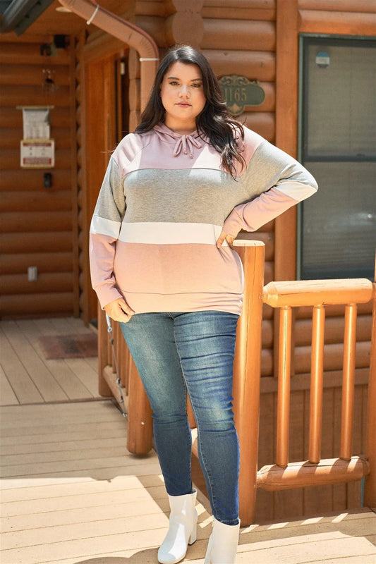 Junior Plus Mauve & Grey Color Block Long Sleeve Self-Tie Hood Lounge Sweatshirt /2-1-1 - Tasha Apparel Wholesale