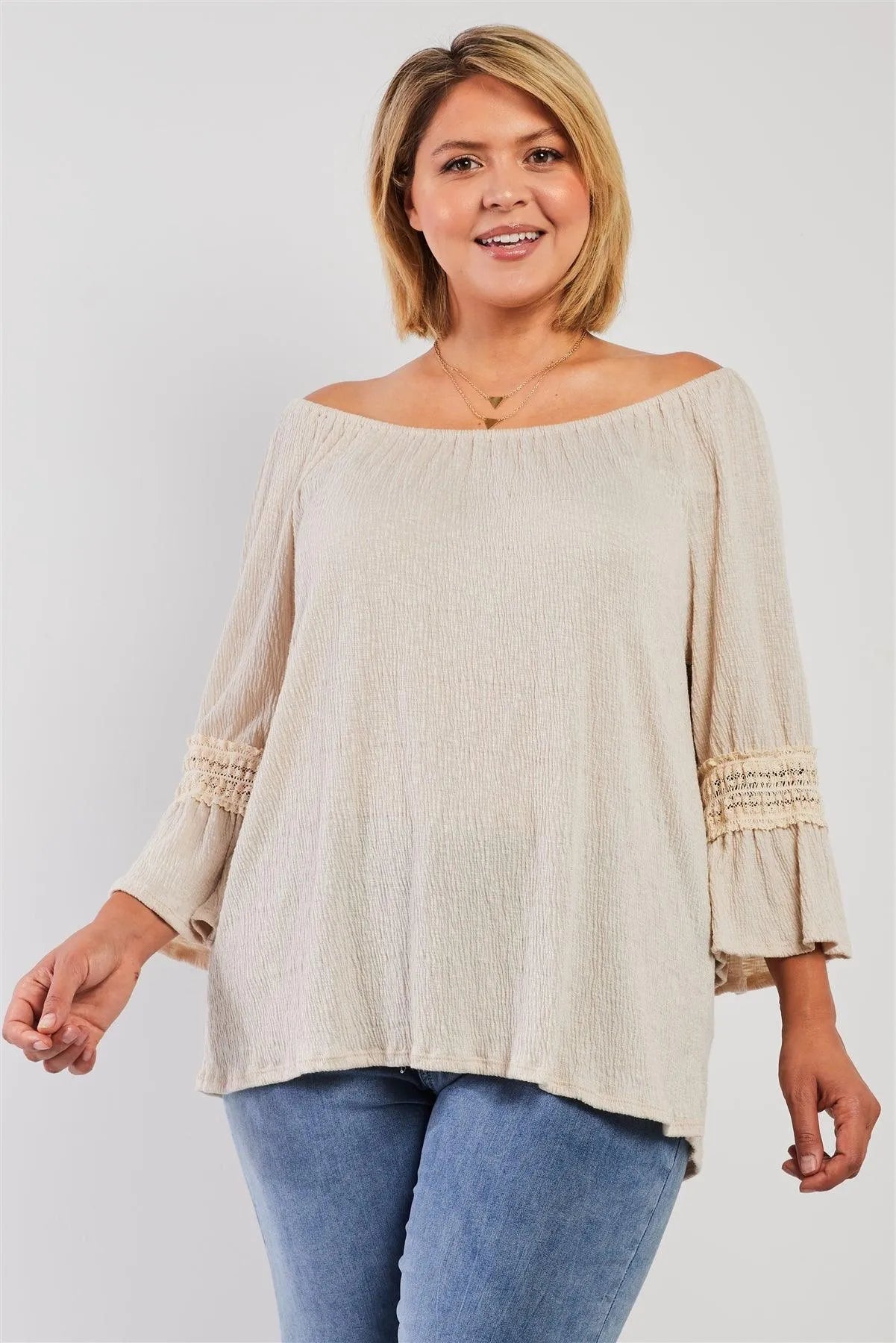 Junior Plus Boho Natural Beige Boat Neck 3/4 Flare Sleeve Embroidery Detail Top /3-2-1 - Tasha Apparel Wholesale