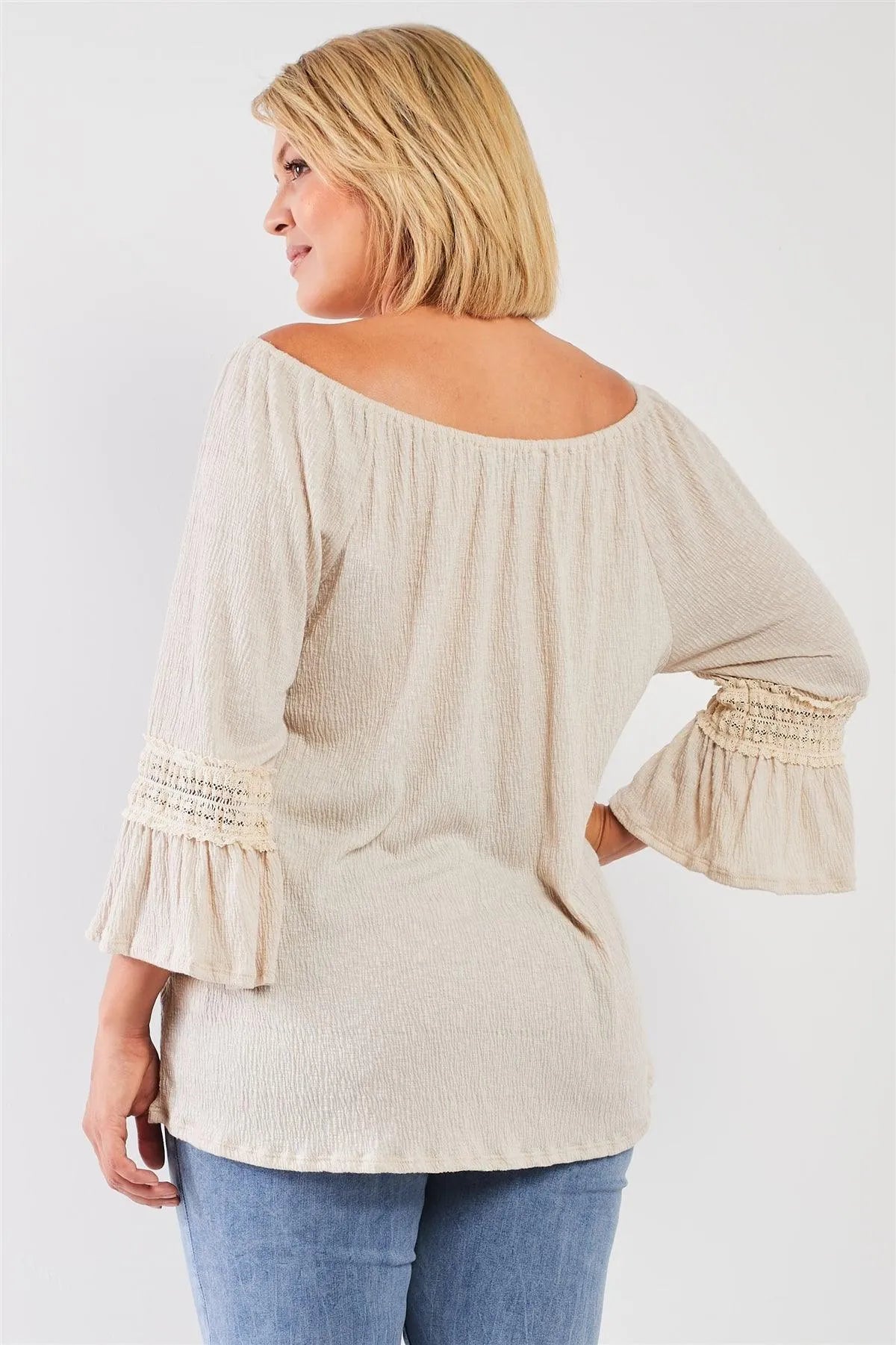 Junior Plus Boho Natural Beige Boat Neck 3/4 Flare Sleeve Embroidery Detail Top /3-2-1 - Tasha Apparel Wholesale
