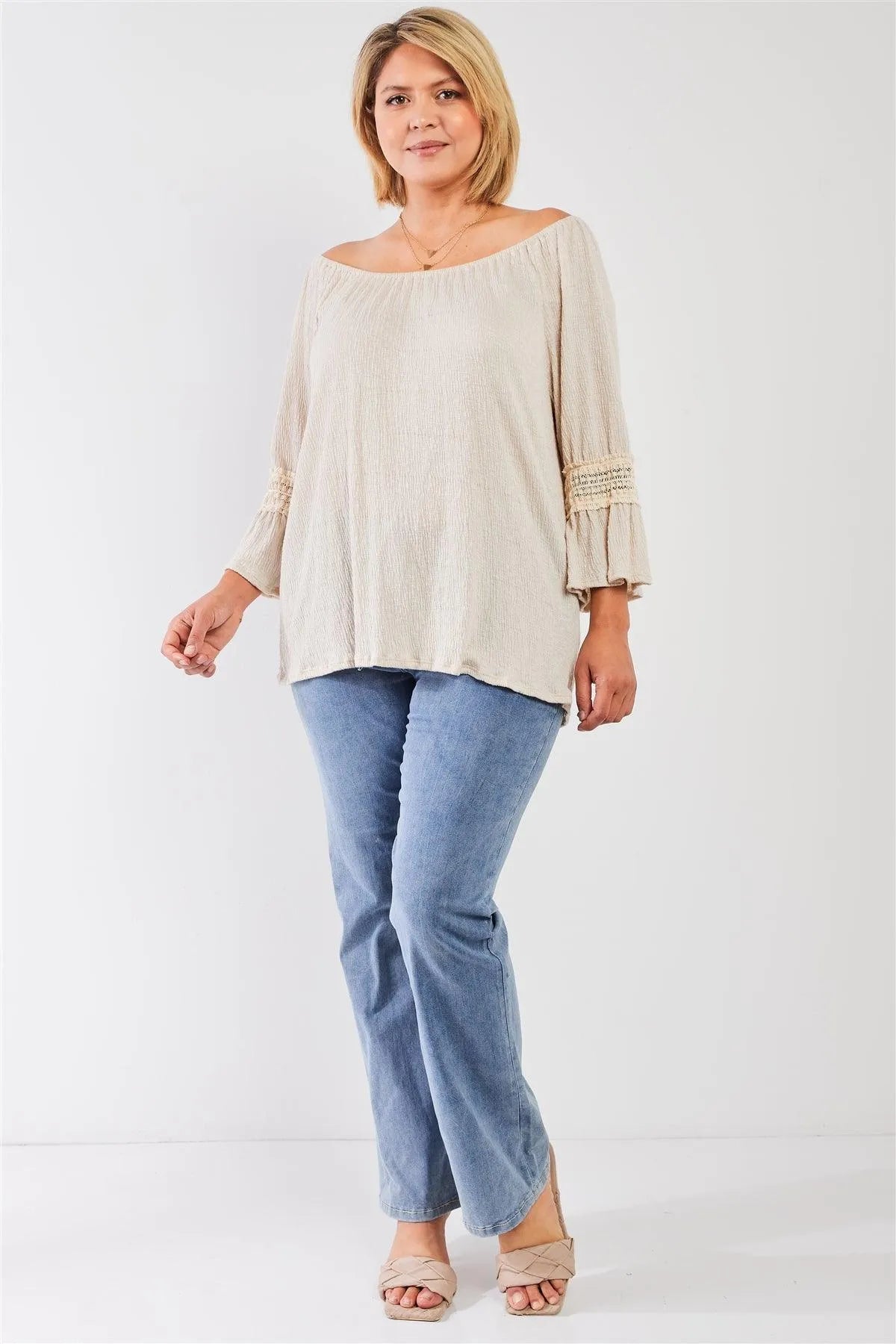 Junior Plus Boho Natural Beige Boat Neck 3/4 Flare Sleeve Embroidery Detail Top /3-2-1 - Tasha Apparel Wholesale