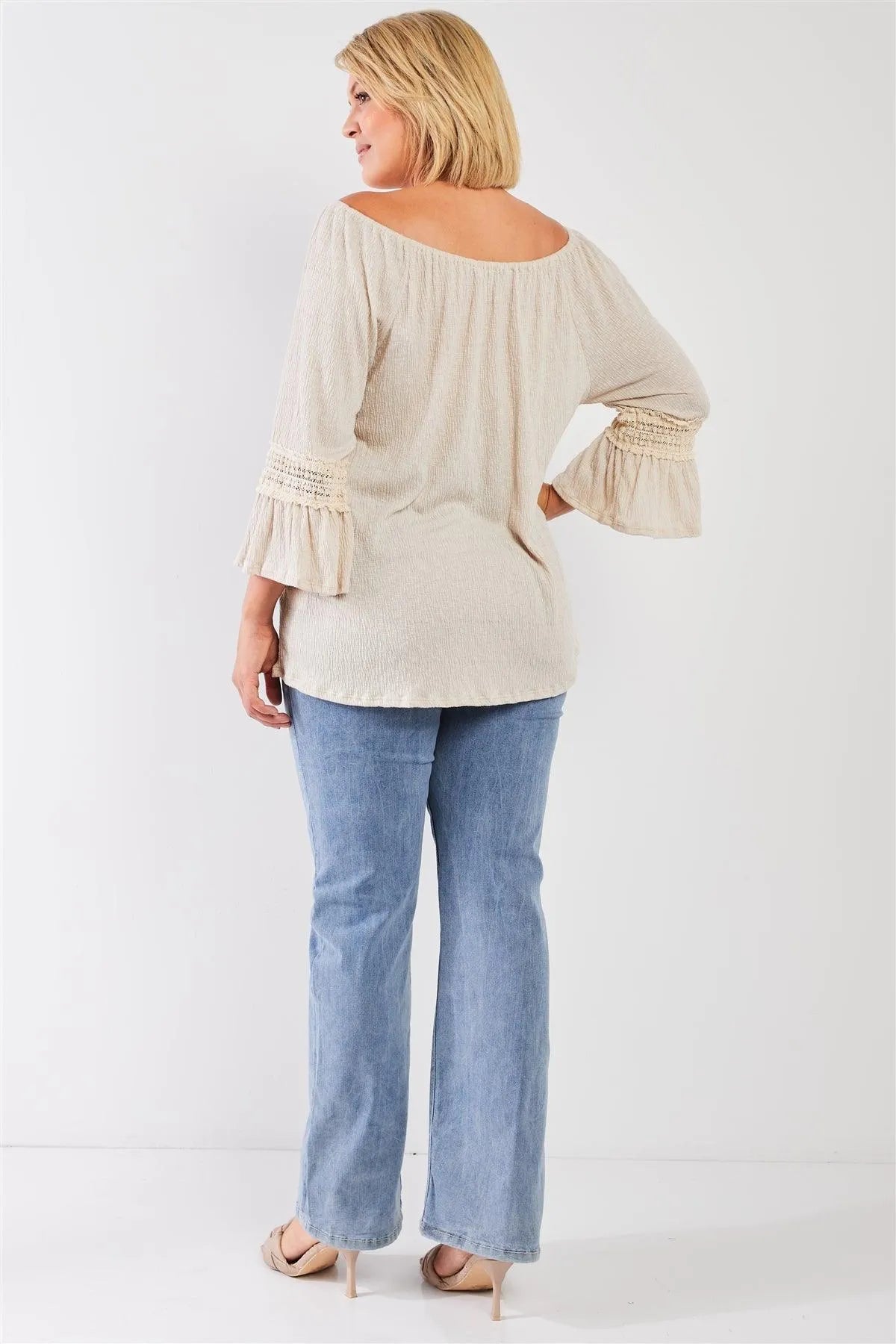 Junior Plus Boho Natural Beige Boat Neck 3/4 Flare Sleeve Embroidery Detail Top /3-2-1 - Tasha Apparel Wholesale