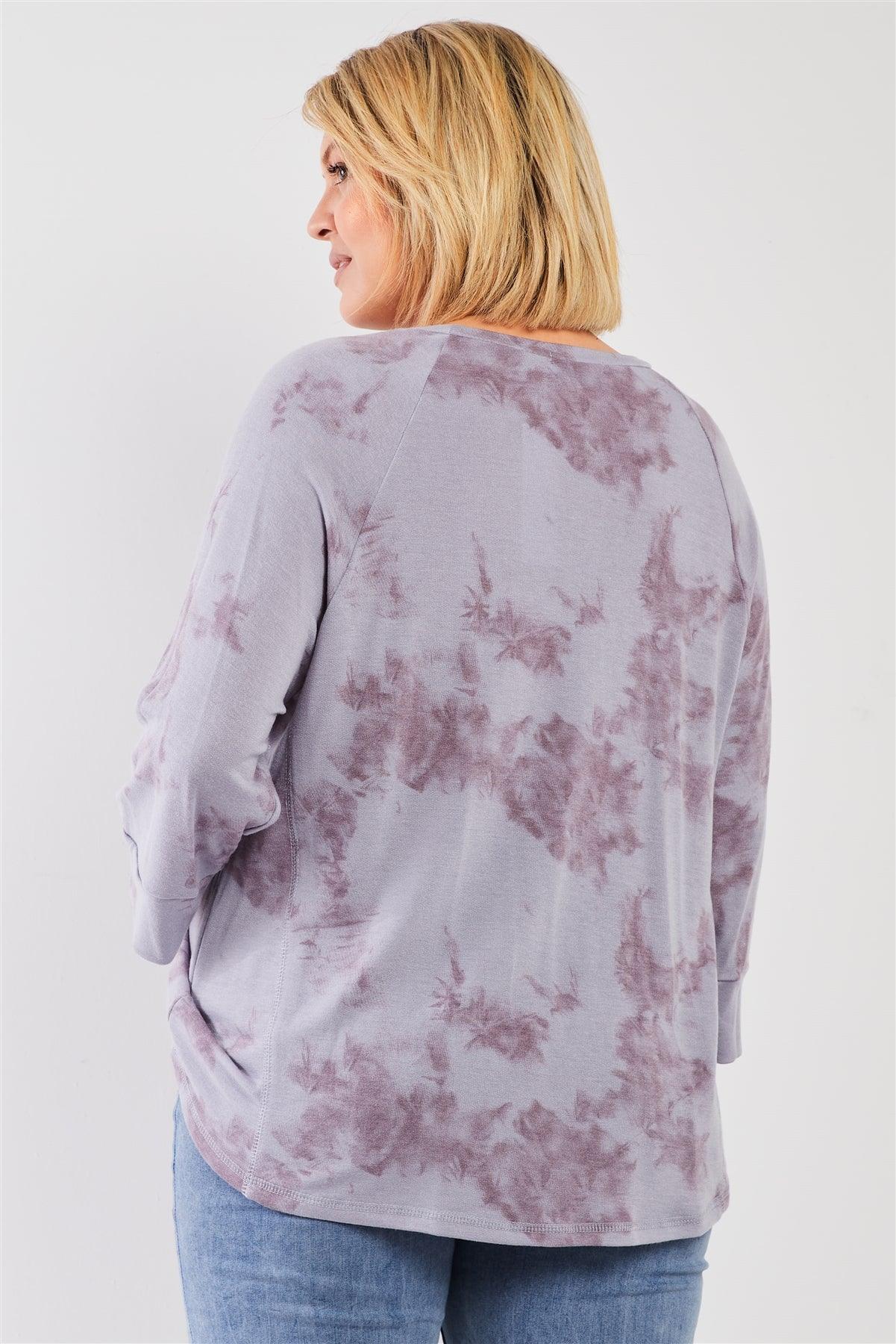 Junior Plus Lavender Tie-Dye Acid Wash Print Round Neck Long Sleeve Drop Shoulder Relaxed Sweatshirt Top /3-2-1