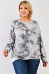 Junior Plus Charcoal Grey Tie-Dye Polyester Fleece Round Neck Long Sleeve Relaxed Top /3-2-1 - Tasha Apparel Wholesale