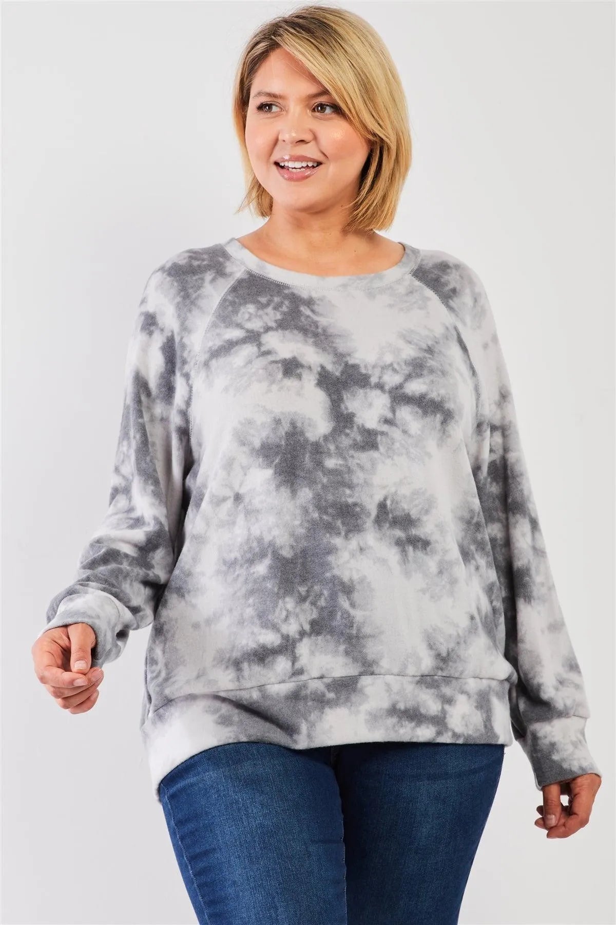 Junior Plus Charcoal Grey Tie-Dye Polyester Fleece Round Neck Long Sleeve Relaxed Top /3-2-1 - Tasha Apparel Wholesale
