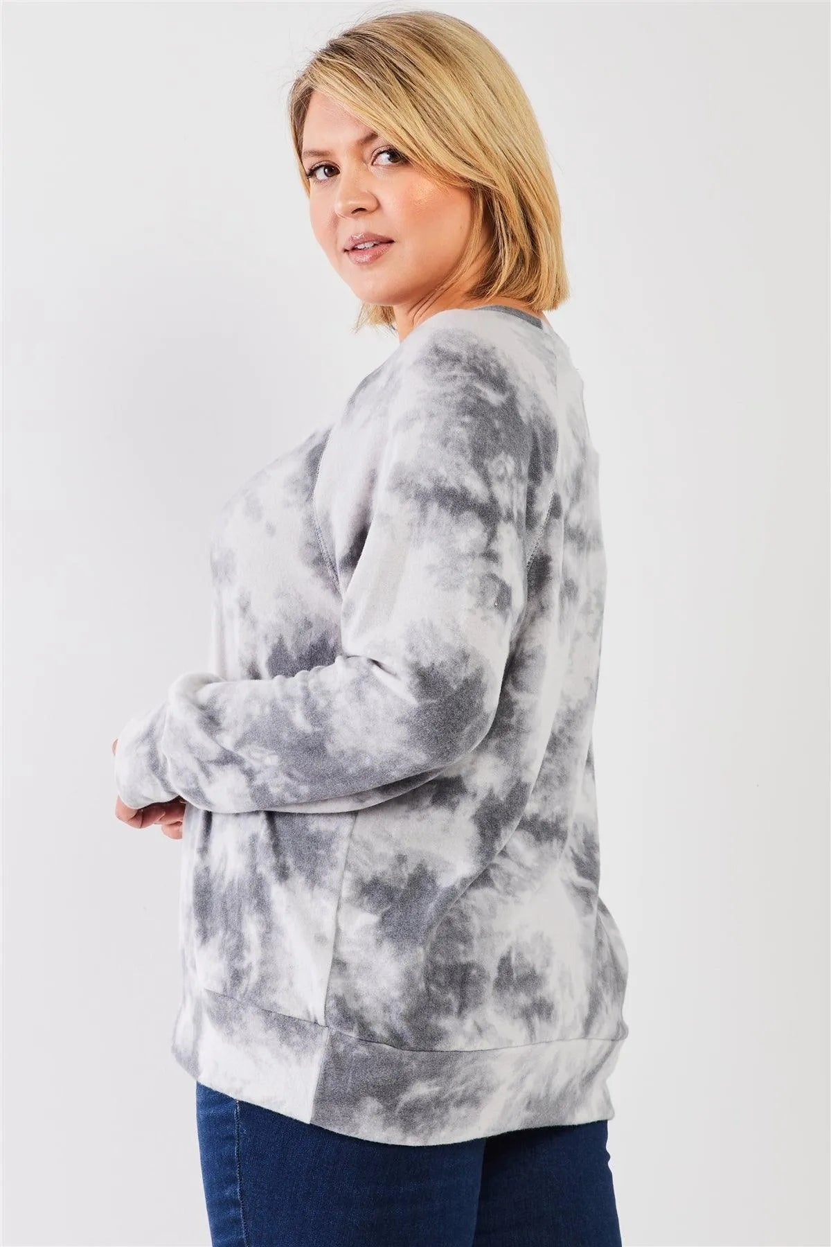 Junior Plus Charcoal Grey Tie-Dye Polyester Fleece Round Neck Long Sleeve Relaxed Top /3-2-1 - Tasha Apparel Wholesale