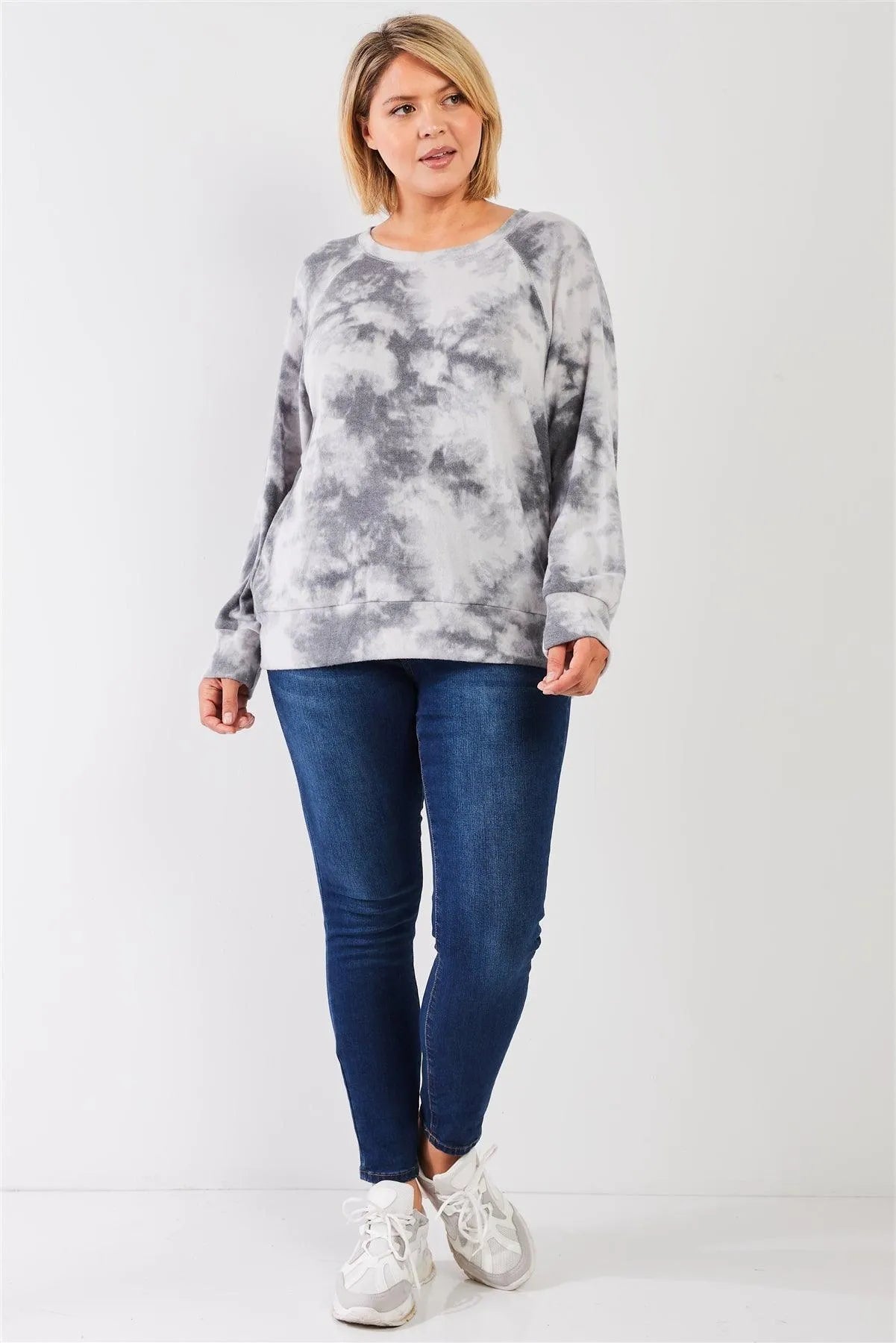 Junior Plus Charcoal Grey Tie-Dye Polyester Fleece Round Neck Long Sleeve Relaxed Top /3-2-1 - Tasha Apparel Wholesale