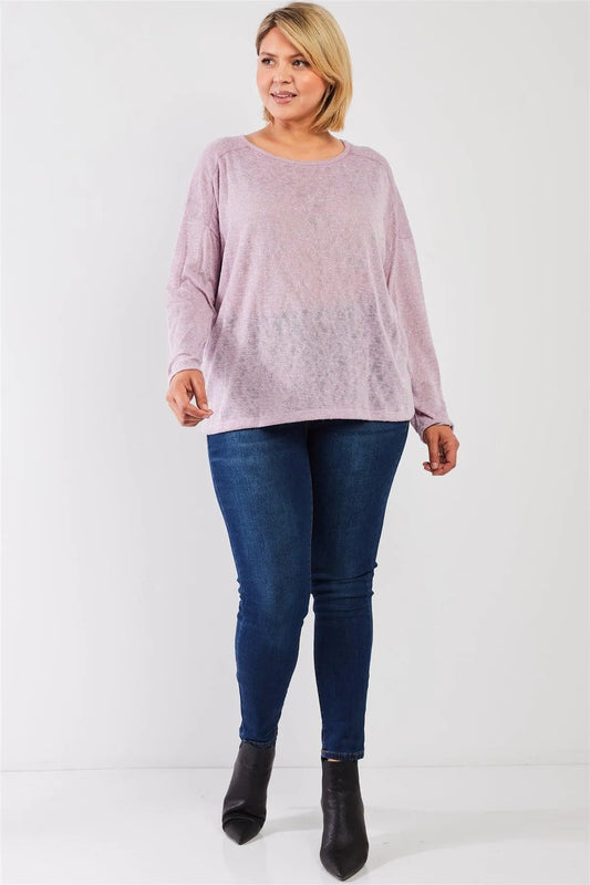Junior Plus Blush-Lavender Round Neck Lightweight Knit Long Sleeve Top /3-2-1 - Tasha Apparel Wholesale