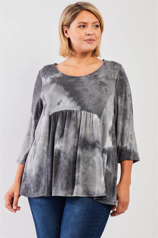 Junior Plus Grey Multicolor Tie-Dye Midi Sleeve Relaxed Flare Top /3-2-1 - Tasha Apparel Wholesale