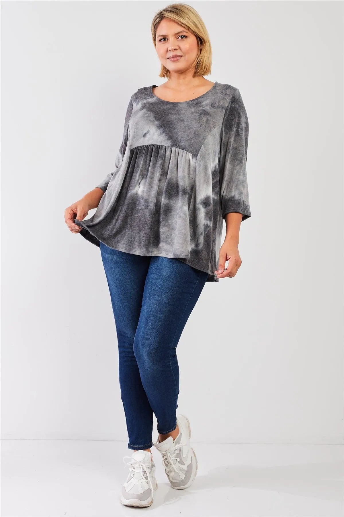 Junior Plus Grey Multicolor Tie-Dye Midi Sleeve Relaxed Flare Top /3-2-1 - Tasha Apparel Wholesale