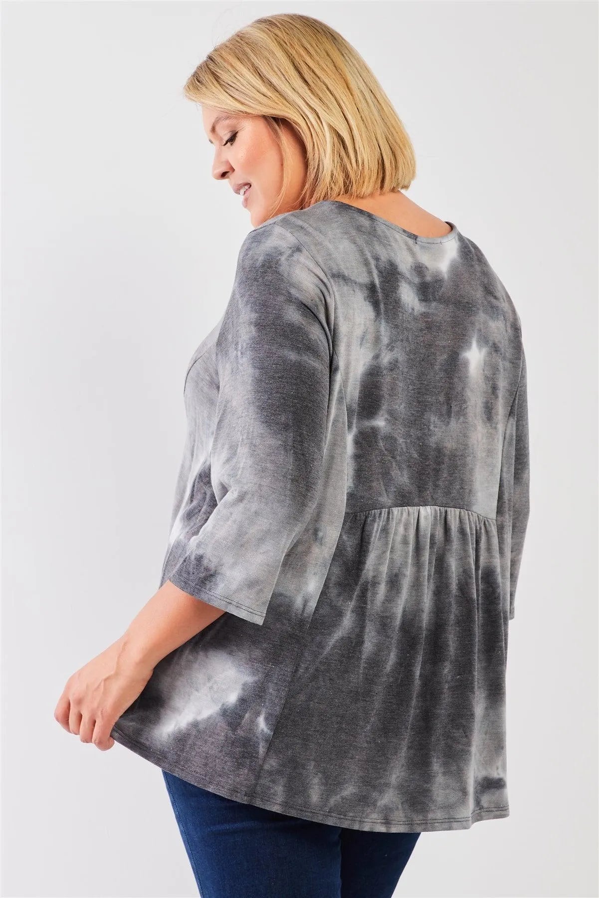 Junior Plus Grey Multicolor Tie-Dye Midi Sleeve Relaxed Flare Top /3-2-1 - Tasha Apparel Wholesale