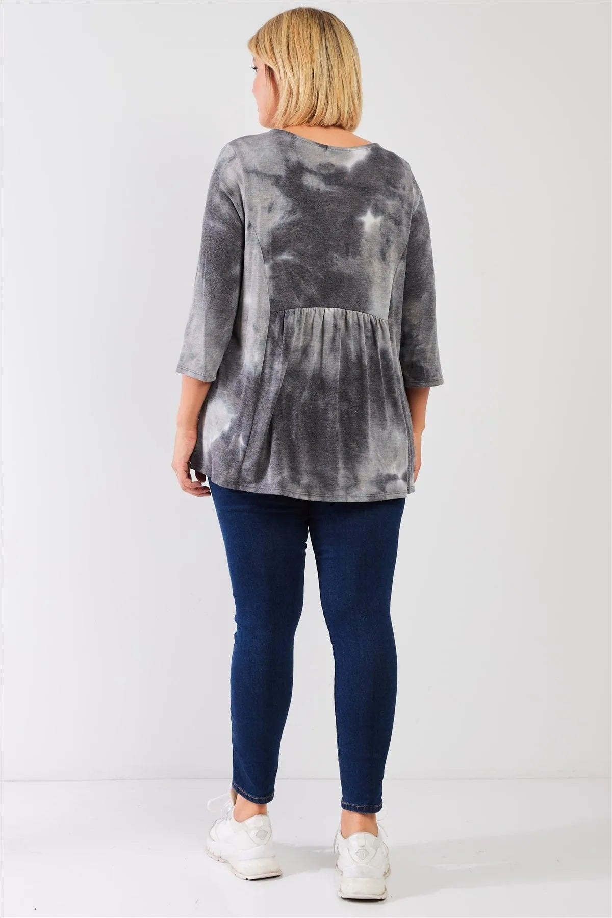 Junior Plus Grey Multicolor Tie-Dye Midi Sleeve Relaxed Flare Top /3-2-1 - Tasha Apparel Wholesale