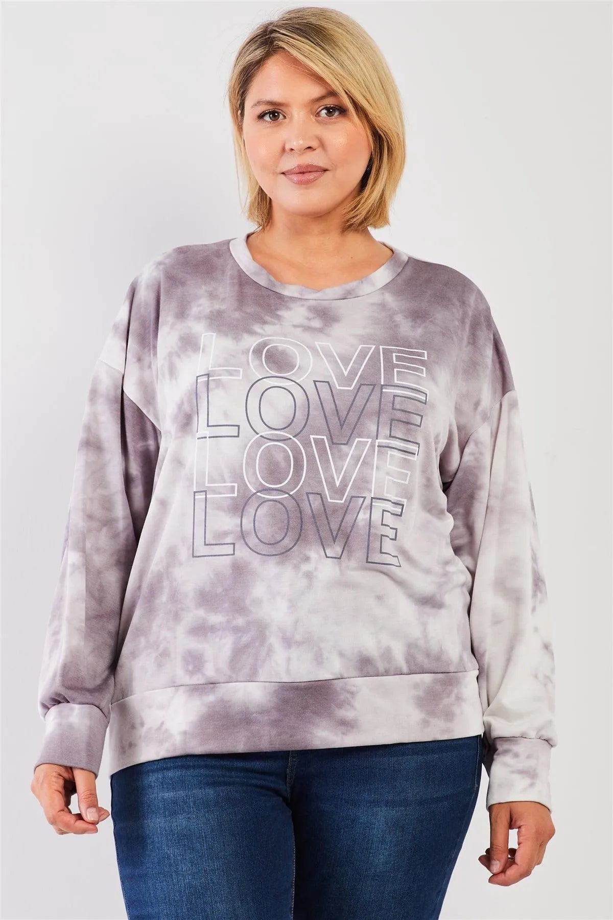 Junior Plus Grey Tie-Dye "LOVE" Crew Neck Dropped Shoulders Long Sleeve Top /3-2-1 - Tasha Apparel Wholesale