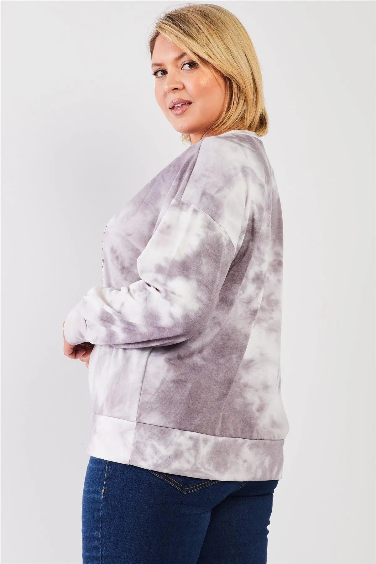 Junior Plus Grey Tie-Dye "LOVE" Crew Neck Dropped Shoulders Long Sleeve Top /3-2-1 - Tasha Apparel Wholesale
