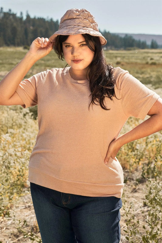 Junior Plus Light Apricot Round Neck Short Sleeve Ribbed Top /3-2-1 - Tasha Apparel Wholesale