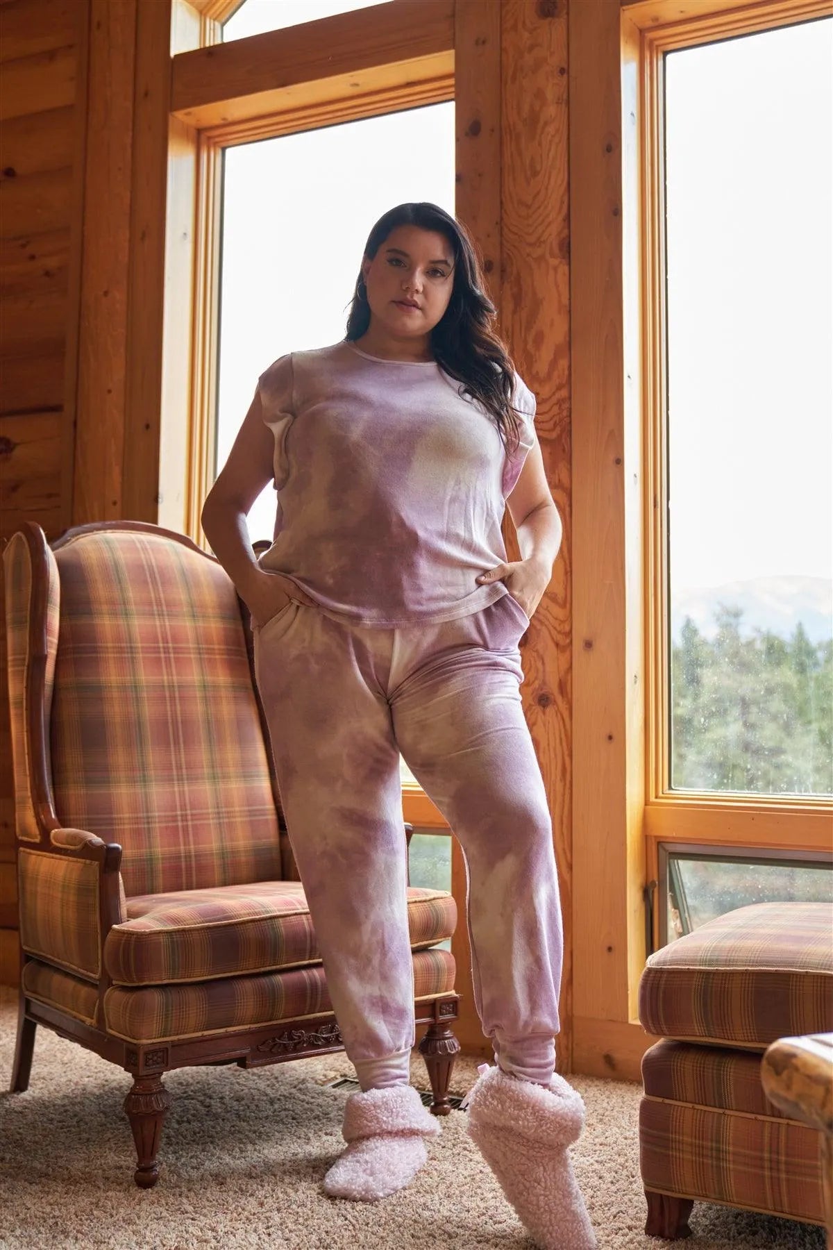 Junior Plus Lavender Tie-Dye Dropped Armhole Relaxed Top & High Waist Jogger Pants Two-Piece Set /3-2-1 - Tasha Apparel Wholesale