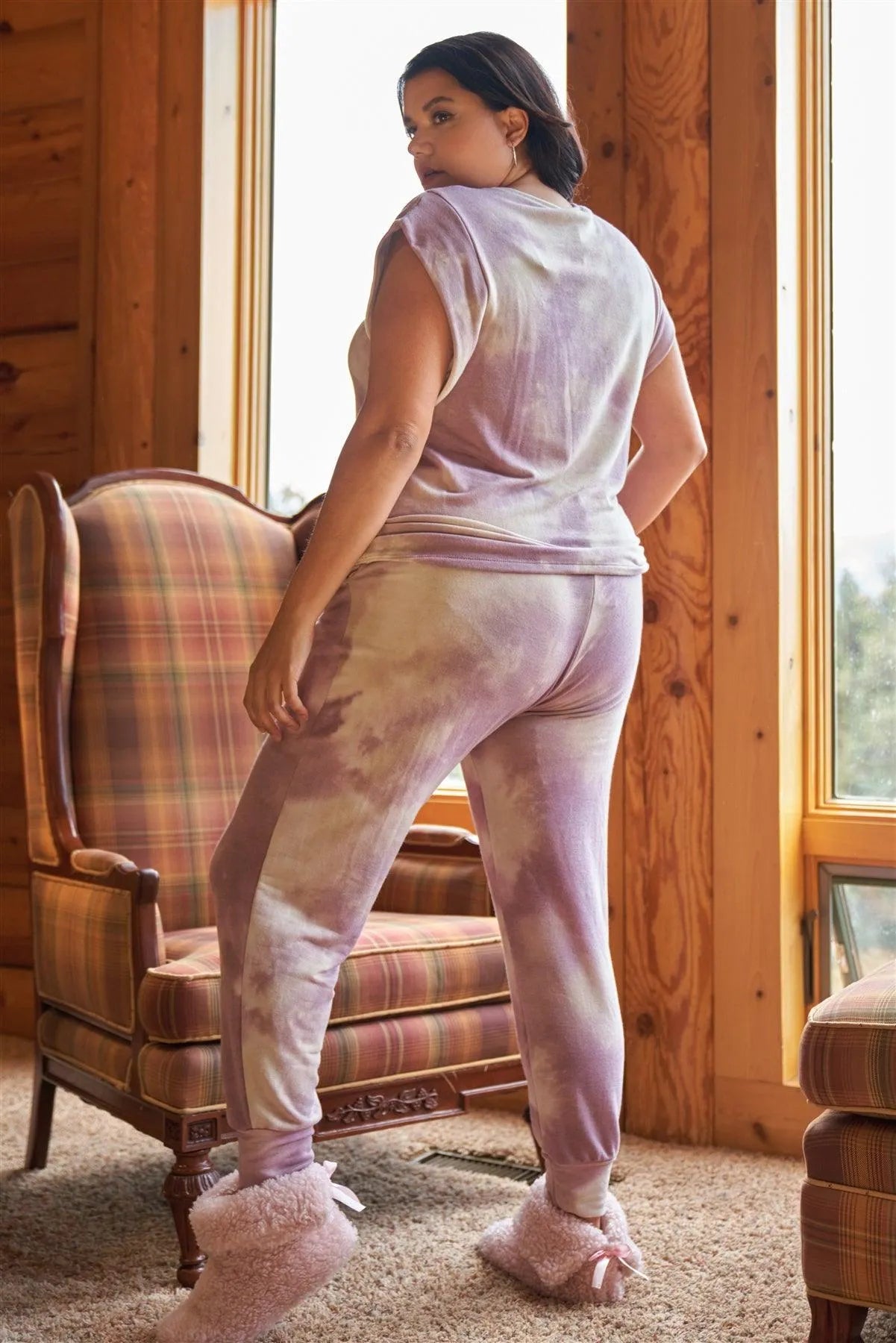 Junior Plus Lavender Tie-Dye Dropped Armhole Relaxed Top & High Waist Jogger Pants Two-Piece Set /3-2-1 - Tasha Apparel Wholesale