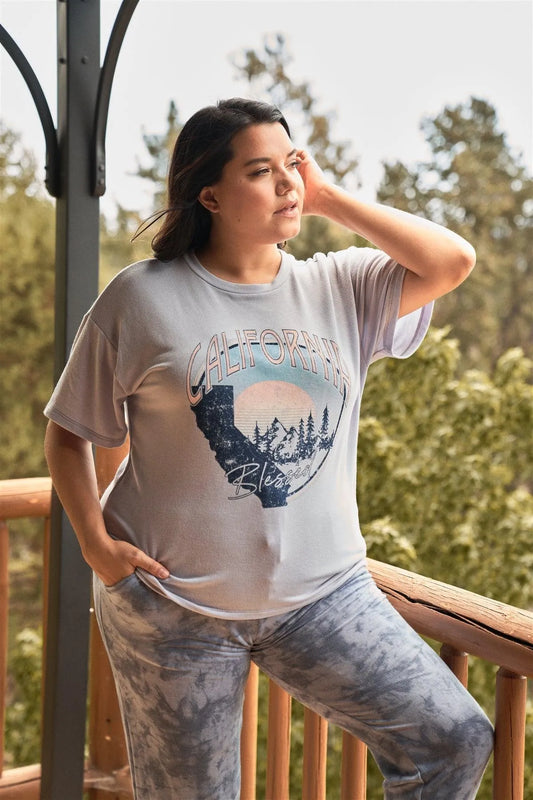 Junior Plus Lavender "California Blessed" Vintage Print Round Neck Short Sleeve Top /3-2-1 - Tasha Apparel Wholesale
