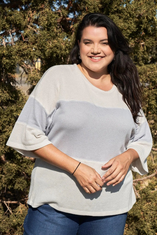 Junior Plus Ivory & Lavender Colorblock 3/4 Flare Sleeve Dropped Shoulder Top /3-2-1 - Tasha Apparel Wholesale