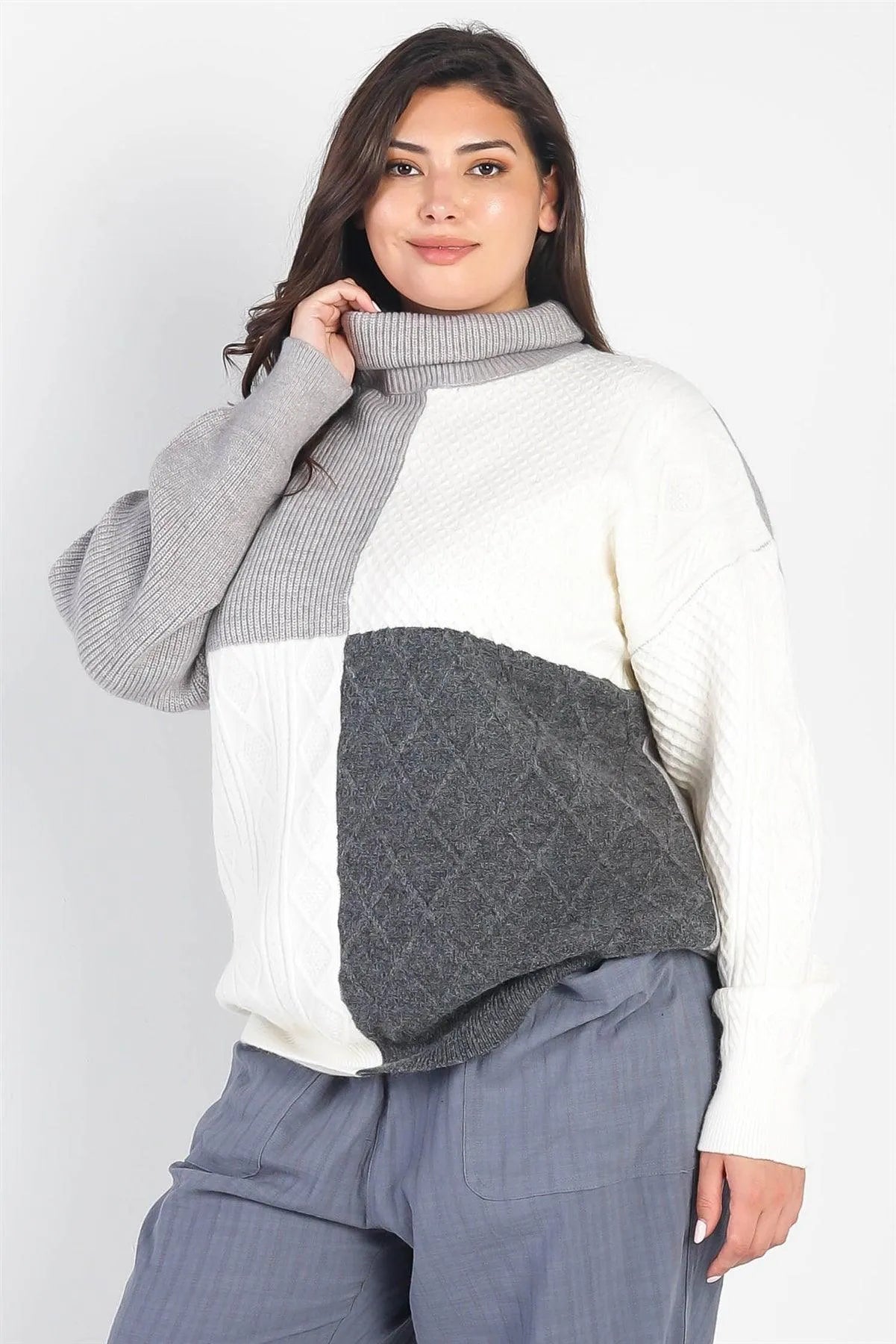 Junior Plus Grey & Cream Colorblock Turtle Neck Sweater /3-2-1 - Tasha Apparel Wholesale