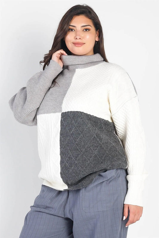 Junior Plus Grey & Cream Colorblock Turtle Neck Sweater /3-2-1 - Tasha Apparel Wholesale