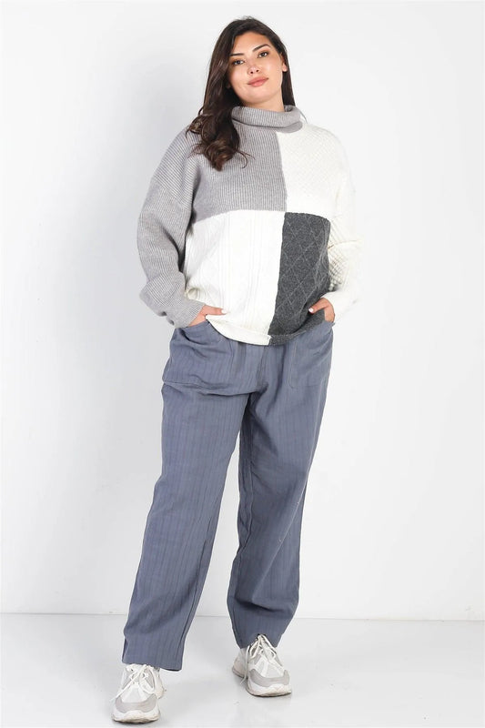 Junior Plus Grey & Cream Colorblock Turtle Neck Sweater /4-2-1 - Tasha Apparel Wholesale