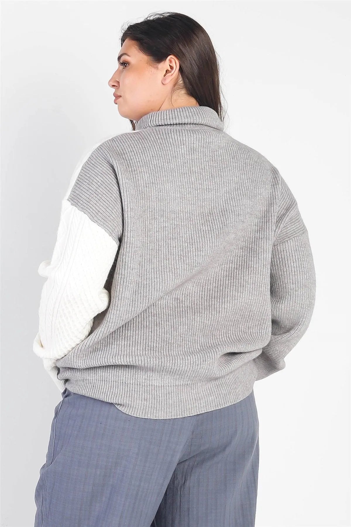 Junior Plus Grey & Cream Colorblock Turtle Neck Sweater /4-2-1 - Tasha Apparel Wholesale