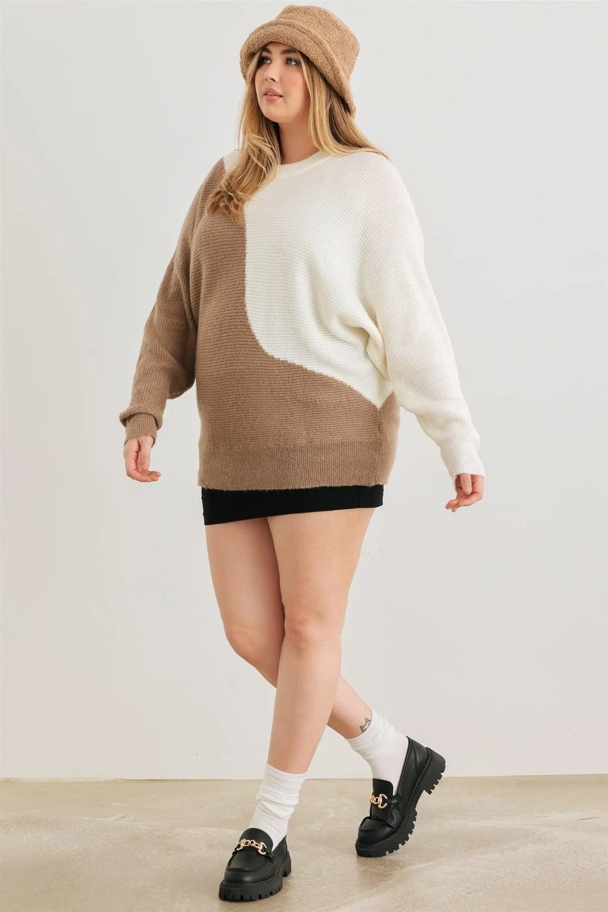Junior Plus Taupe & Ivory Knit Crew Neck Long Sleeve Sweater /3-2-1 - Tasha Apparel Wholesale