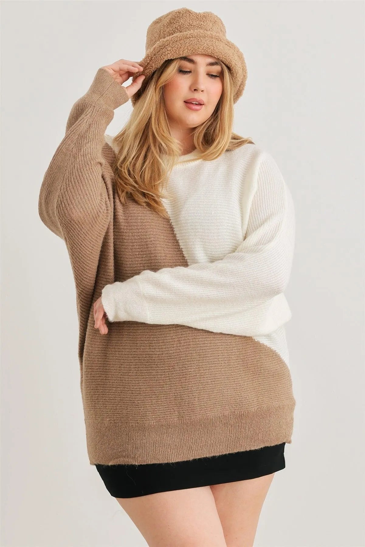 Junior Plus Taupe & Ivory Knit Crew Neck Long Sleeve Sweater /2-3-1 - Tasha Apparel Wholesale