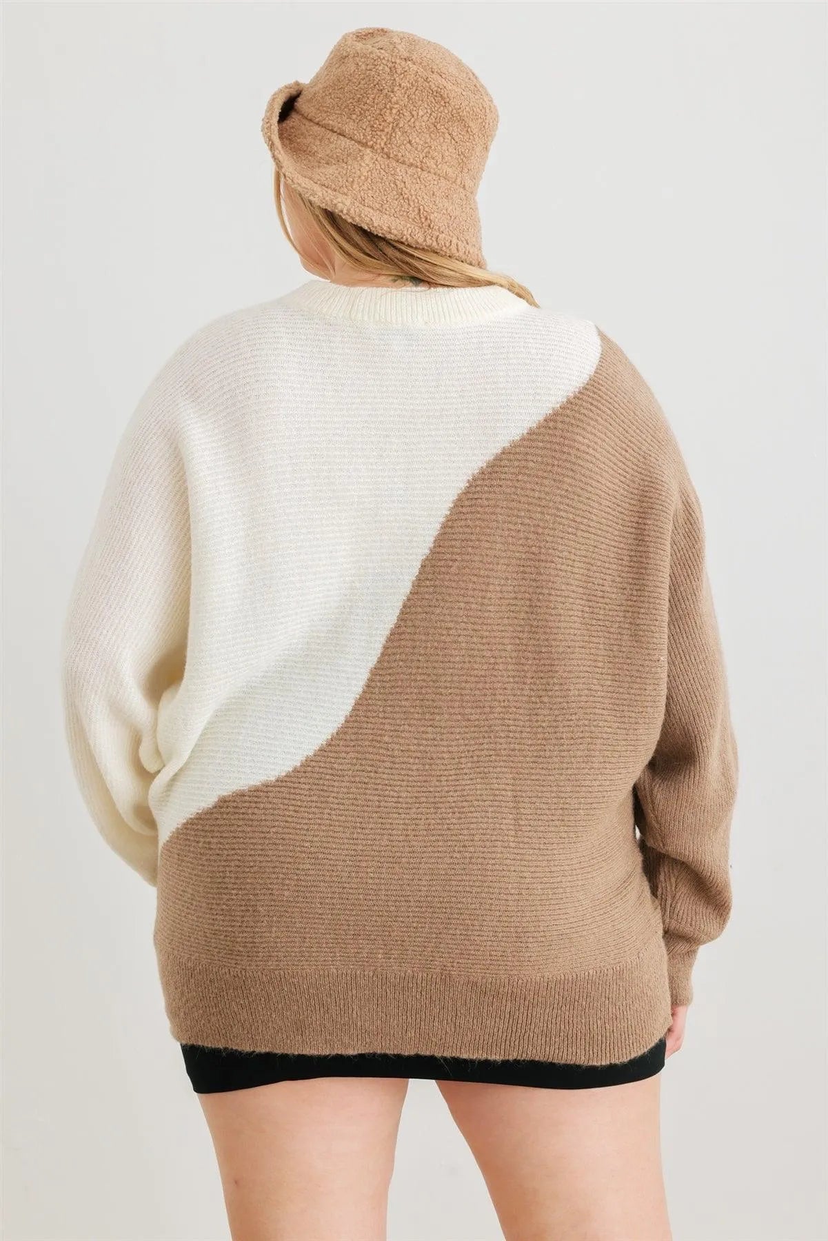 Junior Plus Taupe & Ivory Knit Crew Neck Long Sleeve Sweater /2-3-1 - Tasha Apparel Wholesale