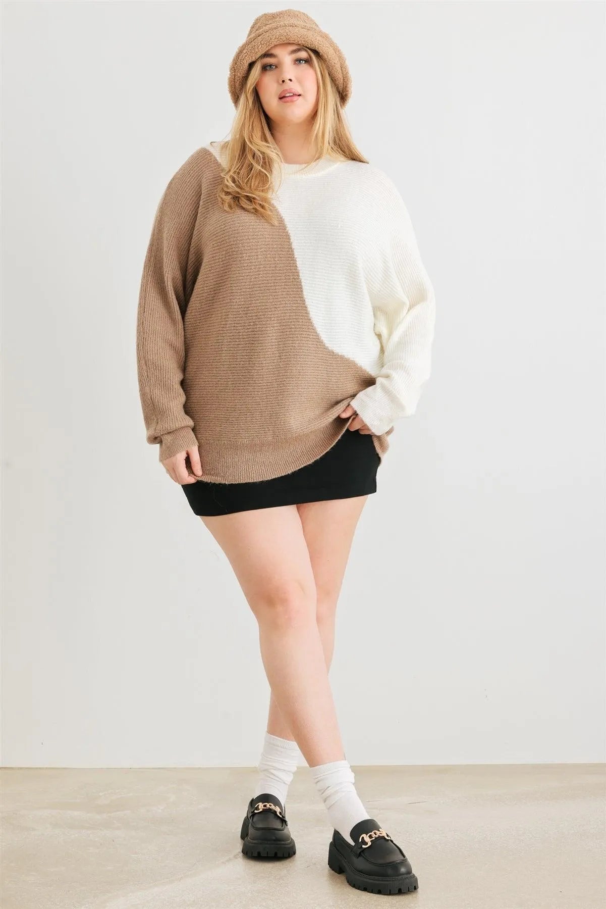 Junior Plus Taupe & Ivory Knit Crew Neck Long Sleeve Sweater /2-3-1 - Tasha Apparel Wholesale