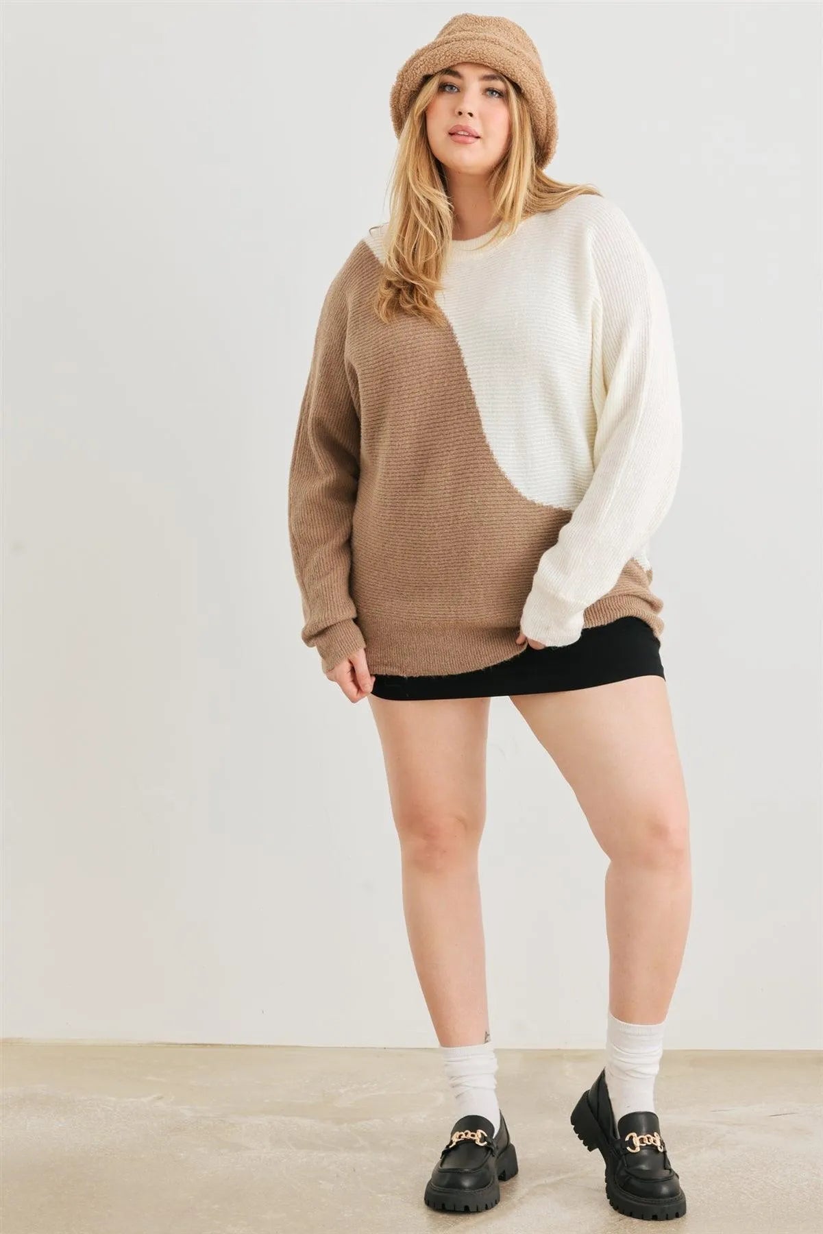 Junior Plus Taupe & Ivory Knit Crew Neck Long Sleeve Sweater /2-3-1 - Tasha Apparel Wholesale