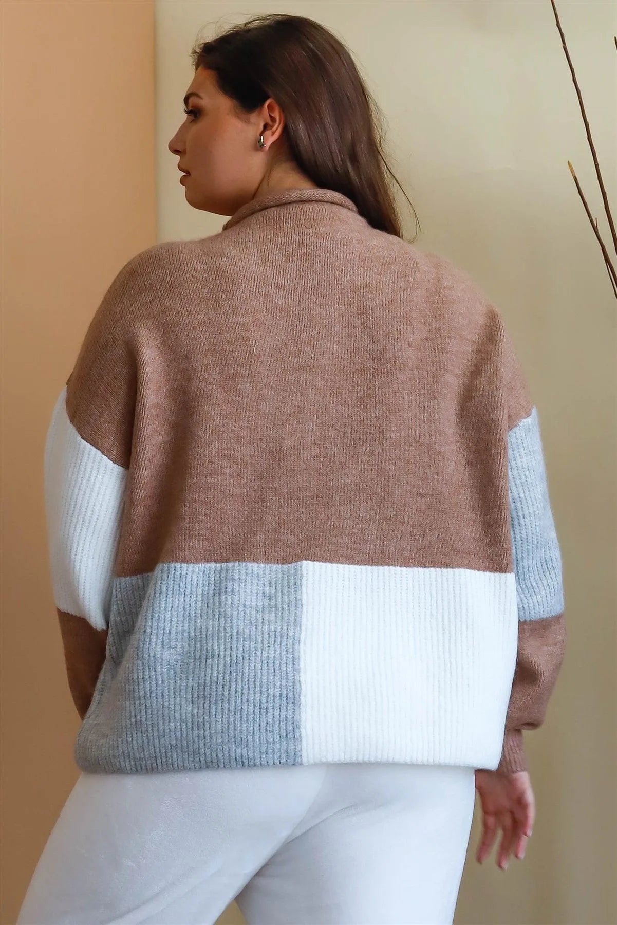 Junior Plus Cocoa Multi Color Colorblock Knit Mock Neck Sweater /3-2-1 - Tasha Apparel Wholesale