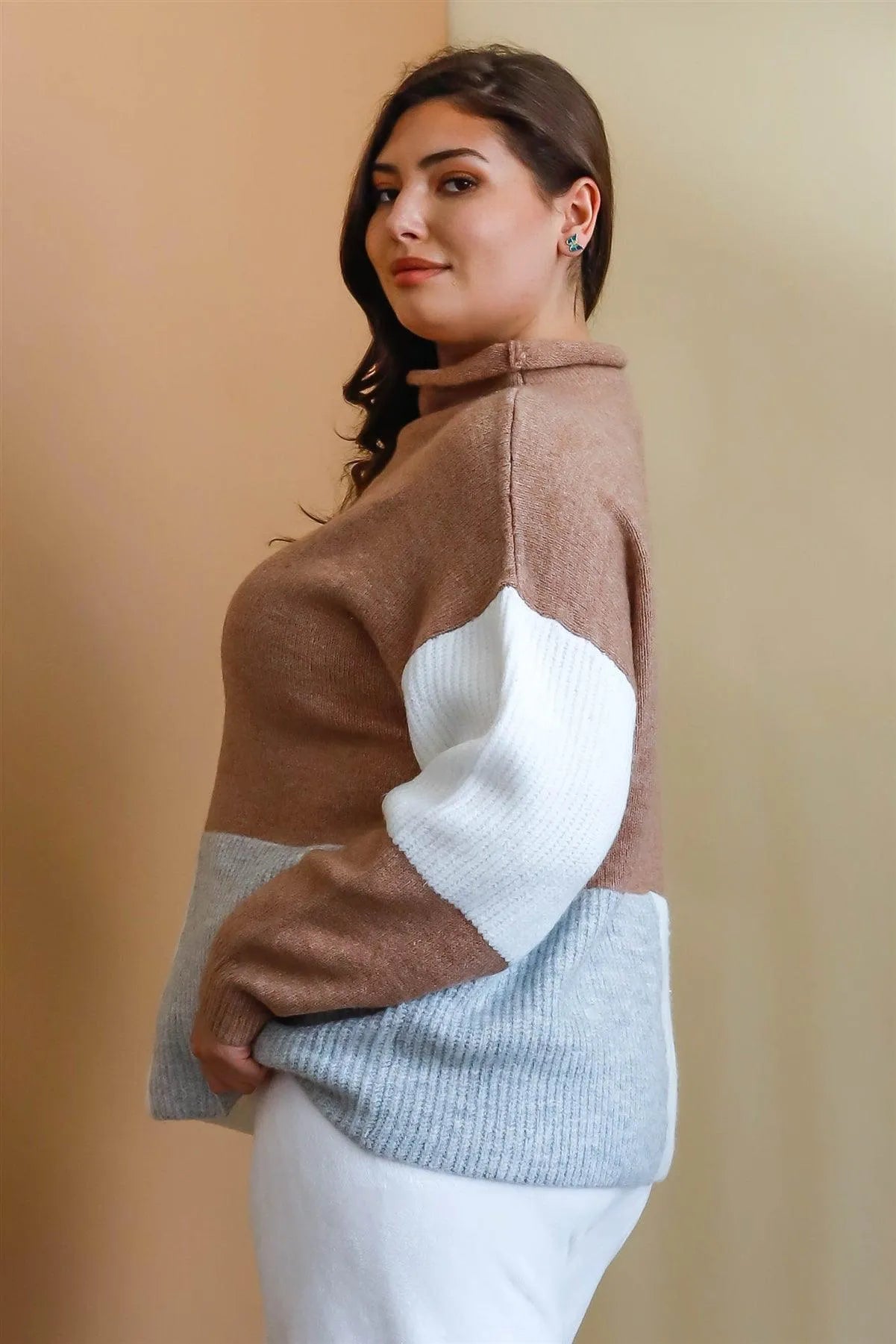 Junior Plus Cocoa Multi Color Colorblock Knit Mock Neck Sweater /3-2-1 - Tasha Apparel Wholesale