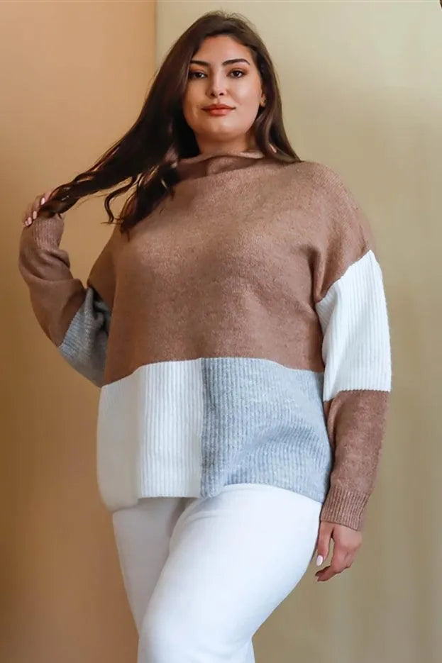 Junior Plus Cocoa Multi Color Colorblock Knit Mock Neck Sweater /4-2-1 - Tasha Apparel Wholesale
