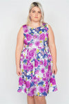 Junior Plus Size Purple Navy Watercolor Floral Print Casual Midi Dress /2-2-2 - Tasha Apparel Wholesale