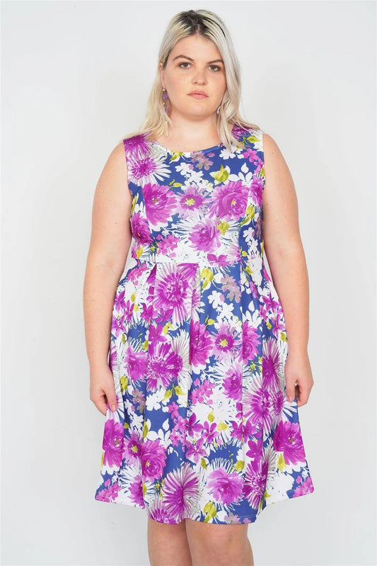 Junior Plus Size Purple Navy Watercolor Floral Print Casual Midi Dress /2-2-2 - Tasha Apparel Wholesale